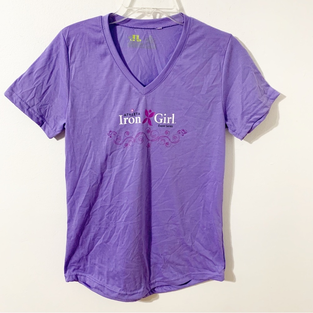 Leslie Jordan Iron Girl Short Sleeve V-neck Graphic Tee Shirt Lavender